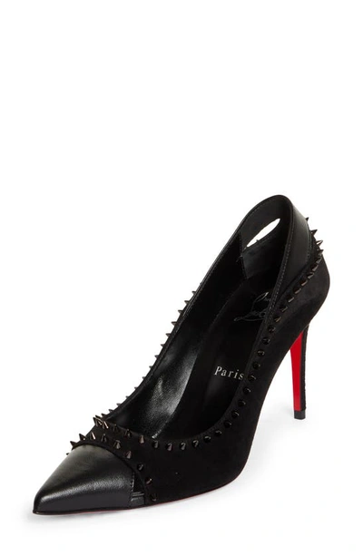 Christian Louboutin Duvettina Leather Spike Red Sole Pumps In B439 Black/ Lin Black