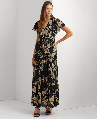 Lauren Ralph Lauren Floral Cotton Voile Tiered Maxidress In Black,tan