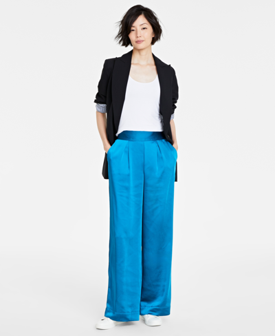 On 34th Women's Satin Wide-leg Pajama Pants, Created For Macy's In Blue Jade