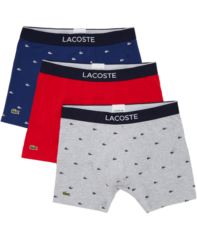 Lacoste Men's Crocodile-print Stretch Boxer Brief Set, 3-pack In Methylene,silver-tone Chine