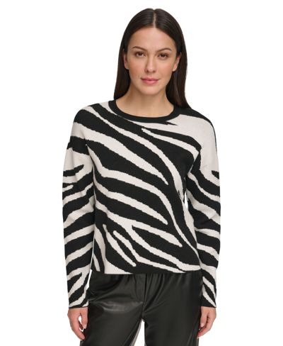 Dkny Women's Animal Print Crewneck Long Sleeve Sweater In Ivory,black