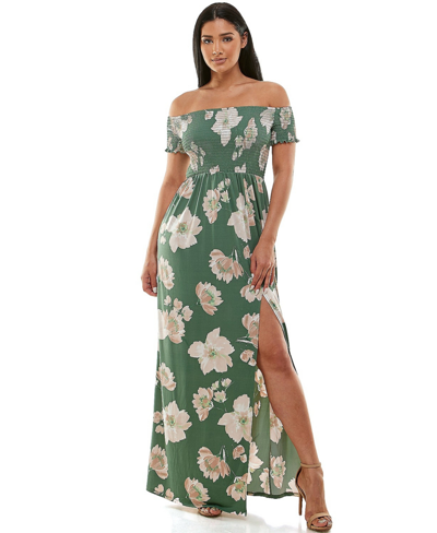 Bebe Off Shoulder Slit Maxi Dress In Olive,multi