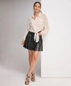 DKNY WOMENS BLOUSON SLEEVE TIE HEM BUTTON FRONT TOP FAUX LEATHER PLEATED A LINE SKIRT