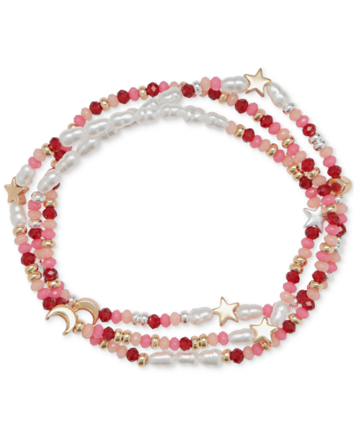 Lucky Brand Two-tone 3-pc. Set Star & Mixed Bead Stretch Bracelets In Red