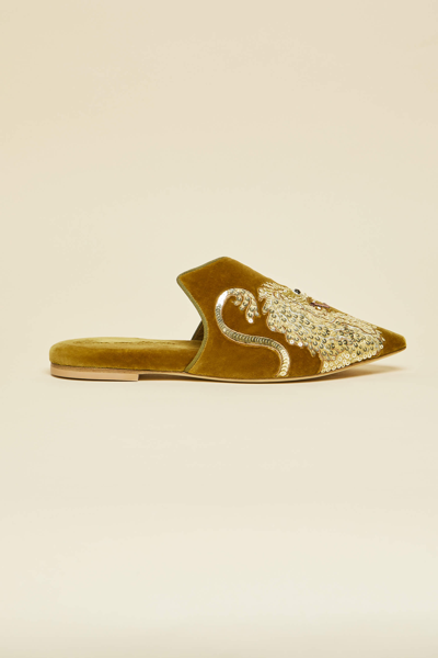 Olivia Von Halle Contessa August Gold Embellished Silk Velvet Slippers In Green