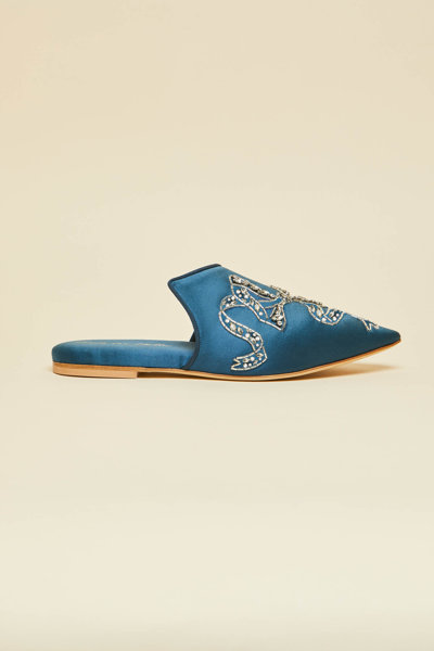 Olivia Von Halle Contessa Grace Blue Embellished Silk Satin Slippers