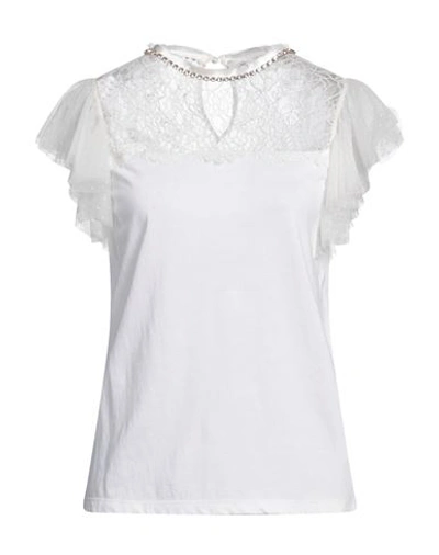 Blumarine Woman T-shirt White Size 4 Cotton, Polyamide, Glass, Metal, Acetate