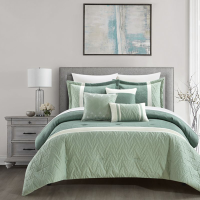 Chic Home Design Macie 10 Piece Comforter Set Jacquard Woven Geometric Design Pleated Quilted Details Bed In A Bag Be In Green