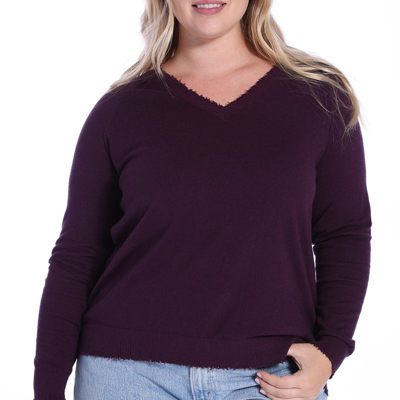 Minnie Rose Plus Size Cotton Cashmere Distressed Long Sleeve V-neck Sweater In Purple