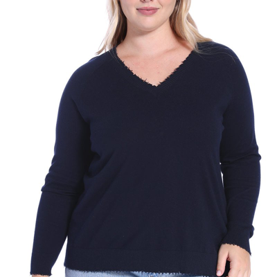 Minnie Rose Plus Size Cotton Cashmere Distressed Long Sleeve V-neck Sweater In Blue