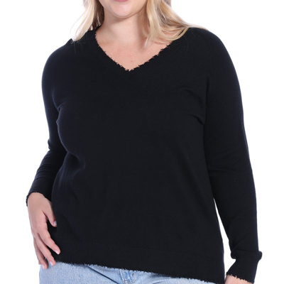 Minnie Rose Plus Size Cotton Cashmere Distressed Long Sleeve V-neck Sweater In Black