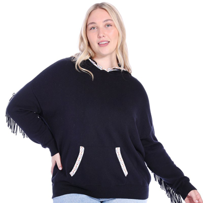 Minnie Rose Plus Size Cotton Cashmere Embroidered Fringe Hoodie In Black