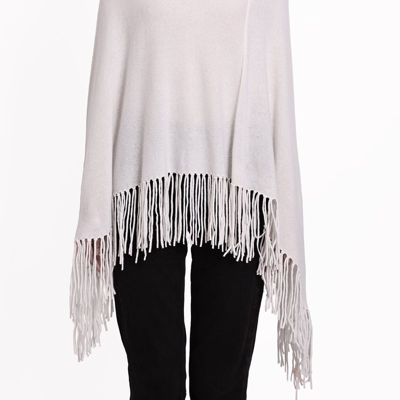 Minnie Rose Cashmere Cowl Neck Open Stitch Poncho With Fringe In White