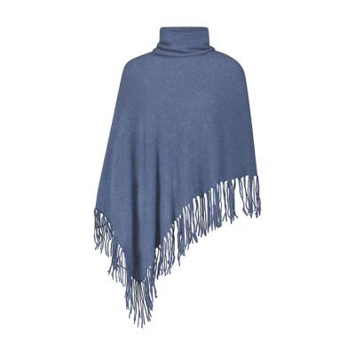 Minnie Rose Cashmere Cowl Neck Open Stitch Poncho With Fringe In Blue