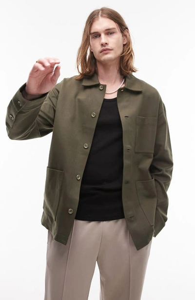 Topman Oversized Twill Shacket In Khaki-green