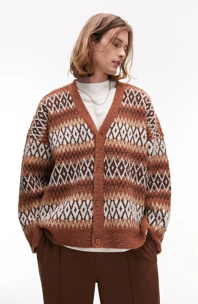 Topman Fluffy Stripe Arygle Cardigan In Brown