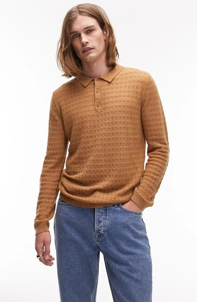 Topman Textured Long Sleeve Polo In Brown