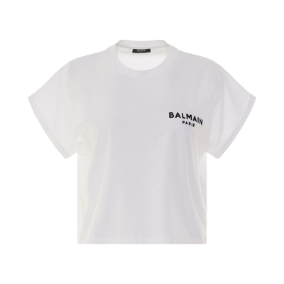 Balmain Logo Print Flock Detail Cropped T-shirt In White