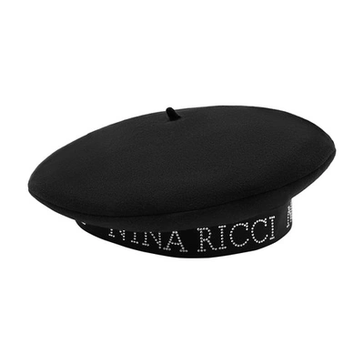 Nina Ricci Wool Beret With Strassed Logo In Black