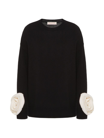 Valentino Wool Knit Jumper W/ Collar And Roses In Black