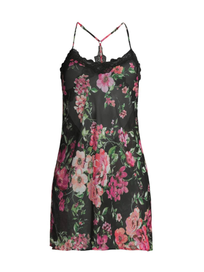 In Bloom Women's Floral Satin Chemise In Black