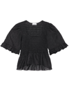Ganni Black Shirred Peplum Blouse In Black