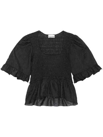 Ganni Black Shirred Peplum Blouse