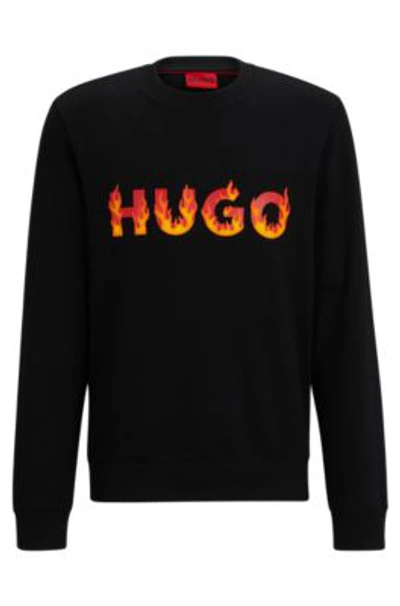 Hugo Cotton-terry Sweatshirt With Puffed Flame Logo In Black
