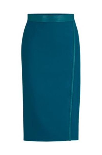 Hugo Boss Pencil Skirt In Wool Twill With Faux-leather Trims In Light Green