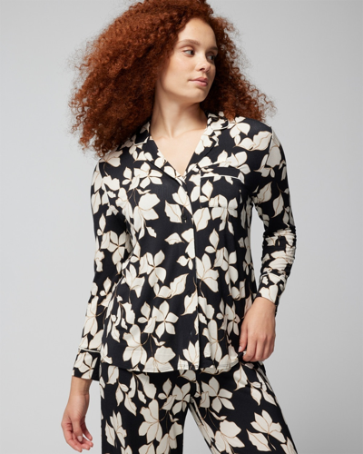 Soma Women's Cool Nights Long Sleeve Notch Collar Pajama Top In Black Floral Size Large |  In Hi Fi Flora Mini Black