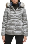 Kenneth Cole New York Core Mixed Puffer Jacket With Faux Fur Trim In Gunmetal