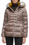 Kenneth Cole New York Core Mixed Puffer Jacket With Faux Fur Trim In Taupe