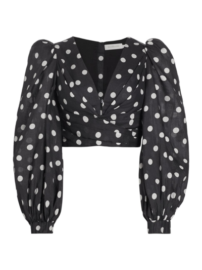 Zimmermann Tuck Pleated Polka-dot Gauze Cropped Top In Black