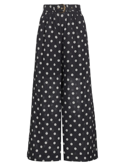 Zimmermann Tuck Belted Polka-dot Gauze Wide-leg Pants In Black  