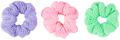 Hunza G Three-pack Kids Multicolor Textured Scrunchies In Bubblegum/lime/lilac