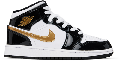 Nike Kids Black & White Air Jordan 1 Mid Se Big Kids Trainers In Black/metallic Gold/white