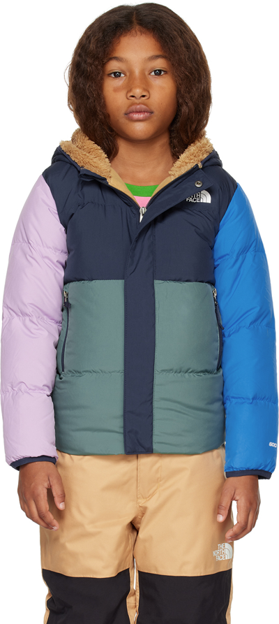 The North Face Kids' North Hooded Water Repellent 600 Fill Power Down Recycled Polyester Jacket In Navy/green/pink/royal