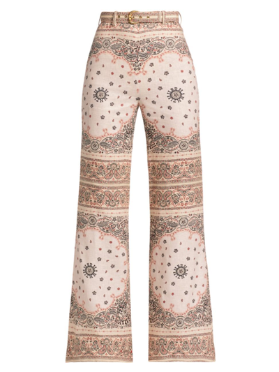 Zimmermann Multicoloured Linen Trousers With Belt In Neutrals