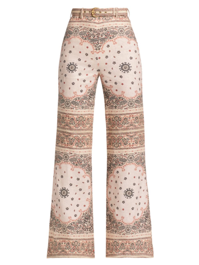 Zimmermann Women's Belted Flared Linen Pants In Cream Bandana
