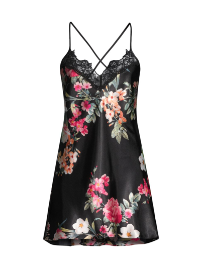 In Bloom Women's Holiday Romance Floral Satin Chemise In Black