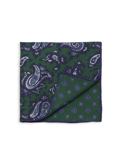 Isaia Men's Paisley Wool Pocket Square In Green And Blue