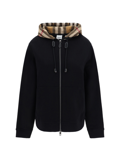 Burberry Willow Check-hood Zip-up Sweatshirt In Black