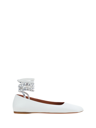 Amina Muaddi Ane Embellished Leather Ankle-wrap Ballerina Flats In White