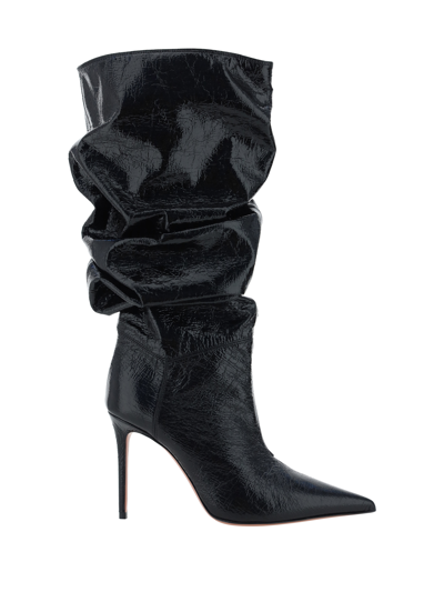 Amina Muaddi Jahleel Leather Knee-high Boots In Crackle Blackout