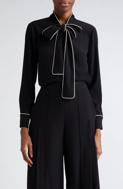 Carolina Herrera Piping-trimmed Pussy Bow Blouse In Black,white