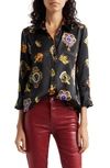 L Agence Dani Crown Medallion Printed Silk Shirt In Black Multi