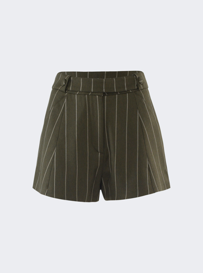 La Semaine Pinstripe Short In Military Green And Cream Pinstripe