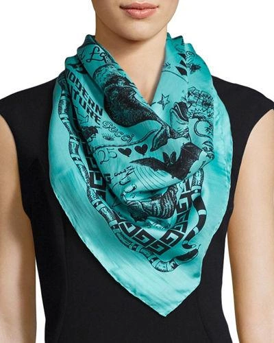 Gucci Noodle Foulard Takeout Print Silk Twill Scarf In Turquoise