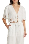 Rails Pari Eyelet Tie Front Linen Crop Top In White Eyelet