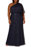 ADRIANNA PAPELL BEADED ONE-SHOULDER GOWN